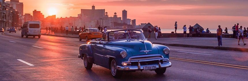 Blue Color vintage car on a sunset evening