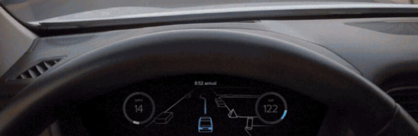 The display of a driverless car showing speed, kilometer and times required to arrive at destination.
