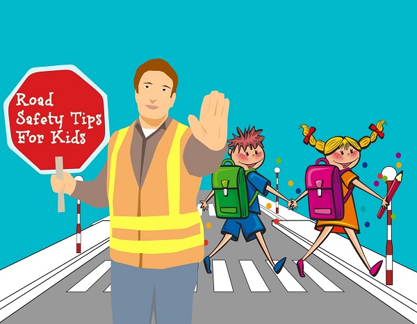 Cartoon illustration of kids crossing the road on the zebra crossing, caregiver holding the stop signal sign with the "Road safety tips for kids" text written on it.